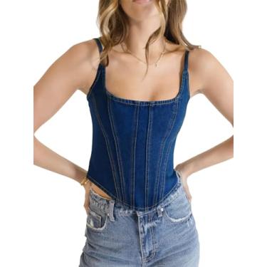 Imagem de Imily Bela Colete jeans feminino sem mangas cropped alças finas slim fit verão Cami Top, Azul, M