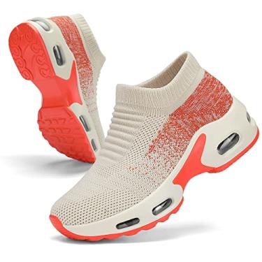 Imagem de Tênis de malha feminino – antiderrapante, sem cadarço, tênis de meia – leve, tênis de corrida com amortecimento de ar, tênis de trabalho, Mistura bege, 35