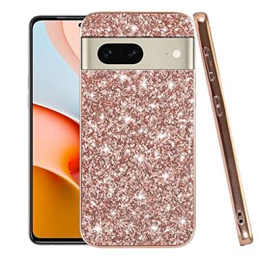 Imagem de Compatível com Google Pixel 7 Capa com glitter à prova de choque, capa para celular Google Pixel 7 brilhante TPU macio e silicone PC brilhante menina feminina fina capa protetora (ouro rosa)