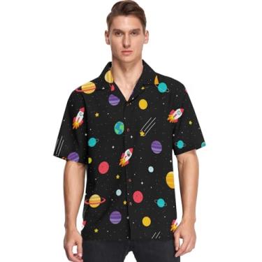 Imagem de visesunny Camisa masculina casual de botão manga curta havaiana planeta nave espacial céu noturno estrelado Aloha, Multicolorido, XXG