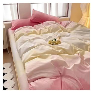 Imagem de Jogo de cama colorido, 4 peças, capa de edredom + jogo de lençol plano + 2 fronhas, resistente a rugas e desbotamento, conjunto de cama (solteiro rosa)