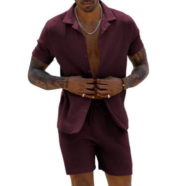Imagem de URRU Conjunto masculino de linho 2024 moda verão manga curta camisa e shorts roupa praia tropical férias, Vinho tinto, G