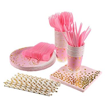 Imagem de WnewTools Conjunto de utensílios de mesa descartáveis, 168 peças, para acampamento, piquenique, papel para churrasco, copo de jantar, forquilha, discos de colher