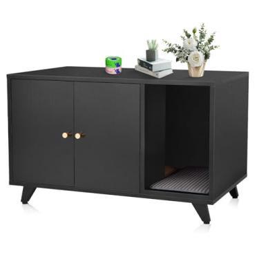 Imagem de QuicMiou Caixa de areia para gatos, caixa de areia oculta armário de armazenamento de banheiro de móveis, casa moderna para gatos com almofada de arranhões (preto)