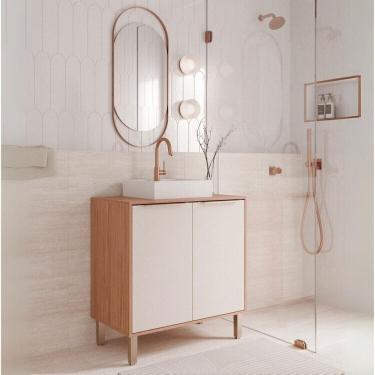 Imagem de Conjunto de Banheiro Completo com Armário 80cm Cuba e Espelheira Elis Yescasa Freijó/Off White