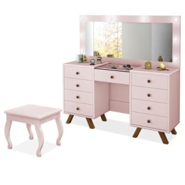 Imagem de Penteadeira Camarim com espelho banqueta LED Luapa Mila - Rosa