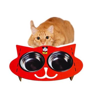Imagem de pet comedouro bebedouro colorido gato elevado duplo inox pote de ração