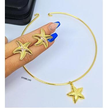 Imagem de Kit Colar e Brincos Feminino Choker Elo Aro Rígido Liso com Pingente E