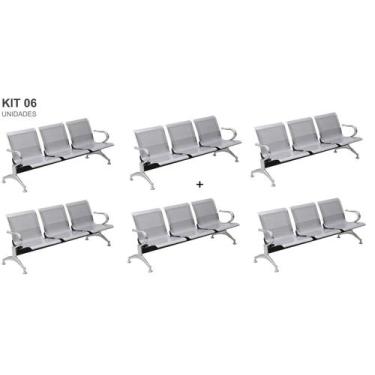 Imagem de Kit com 06 Cadeiras Longarina Aeroporto Cromada 3 Lugares - TM