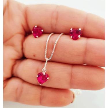 Imagem de Conjunto Colar Corrente Brinco Ponto Luz Coração Prata 925 - DR Joias,