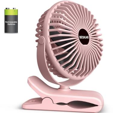 Imagem de BESKAR Ventilador portátil com clipe recarregável, ventilador pequeno operado por bateria de 4 velocidades, ventilador de mesa USB com forte fluxo de ar, braçadeira resistente para carrinho de golfe,