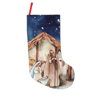 Imagem de DORKEIXIA Presépio em aquarela Sagrada Família Céu Estrelado Natal 45,7 cm Grande Cabo Malha Meia Personalizada Decoração de Natal para Festas de Natal Decoração Familiar