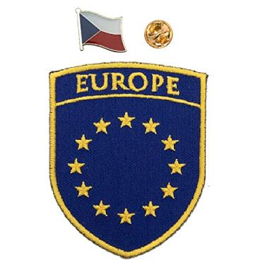 Imagem de A-ONE Broche da bandeira da República Checa + adesivo da bandeira da UE, patch de suporte selado a calor, emblema de uniforme militar, adesivo para roupas, colete, jaqueta nº 009P + 106