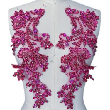 Imagem de Apliques de strass feitos à mão costurados em remendo de renda de cristal, 1 par para roupas DIY, vestido de casamento, decoração de fantasia multicolorida (rosa vermelha)