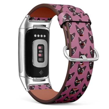 Imagem de Pulseira de relógio de couro de substituição compatível com Fitbit Charge 5/Fitbit Charge 6 (face de gato siamês, roxa), pulseira para smartwatch para mulheres e homens