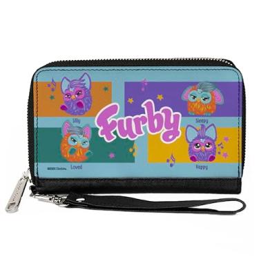 Imagem de Carteira Furby, zíper ao redor, blocos de humor roxo e laranja e logotipo azul multicolorido, couro vegano, Azul, 7.5"x4.5", Casual