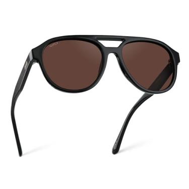 Imagem de WearMe Pro Óculos de sol aviador retrô arredondados para homens e mulheres - lentes polarizadas, design de ponte dupla, Armação preta brilhante/lente marrom, One Size