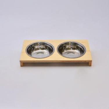 Imagem de Comedouro Duplo para Pets em Madeira e Tigela de Inox - Utilitário Dec