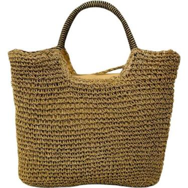 Imagem de Bolsa de Palha Trançada Marrom Praia Piscina Elegante Verão Viagem - L