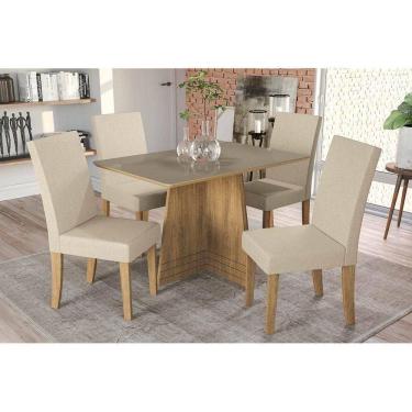 Imagem de Conjunto: Mesa de Cozinha Lótus Tampo Madeirado c/ Vidro 120x80cm e 4 Cadeiras CAD131 Freijó/Bronze/Bege - Kappesberg