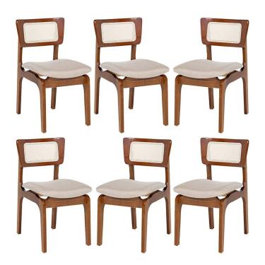 Imagem de Kit 6 Cadeiras de Jantar Portugal em Madeira Imbuia Tela Rattan Linho Bege M58
