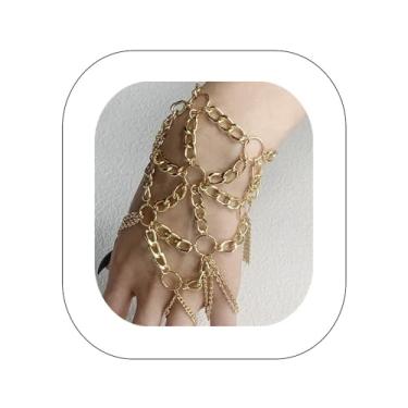 Imagem de Asphire Pulseira de metal gótico com corrente de anel de dedo borla de malha trançada punk escrava para festivais, bijuterias de mão, 5.9 inches, Metal