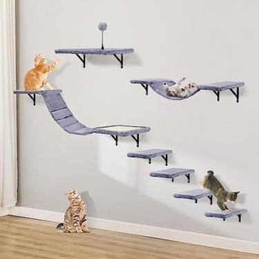 Imagem de Conjunto de escalador de gato montado na parede com prateleiras de escalada, poleiros, ponte, rede, tábua de arranhar e bola - 7 peças de móveis de madeira para gatos internos para brincar de gatinhos (cinza)
