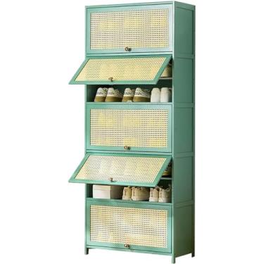 Imagem de Armário para sapatos de bambu verde com portas de vime, organizador de sapatos de 10 camadas para entrada, corredor, banheiro e cozinha - Armário de armazenamento moderno para sapateira, nat