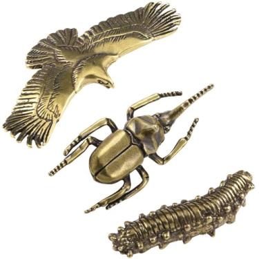 Imagem de SnowOwl Pequena escultura de latão sólido estátua de metal ornamento mini animal insetos, estatueta para casa, escritório, jardim, decoração de mesa, 3 peças (águia lagarta besouro) (ouro 6)