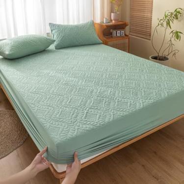 Imagem de Capa protetora de colchão, lençol com elástico, simples, leve, respirável, capa contra poeira, macia, silenciosa, antiderrapante, cobertura de colchão verde-1||California King: 200,7 x 221 cm (3