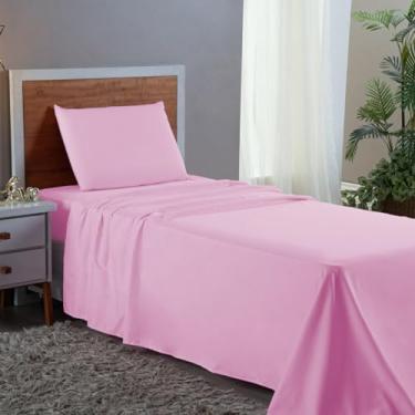 Imagem de Jogo de Cama Box Solteiro 400 Fios Extra Macio Hotel Pousada 3 Peças Conjunto Lençol com Elástico (Rosa)