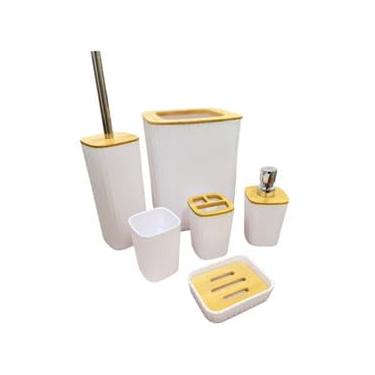 Imagem de Conjunto para Banheiro 6 Peças, Branco e Dourado, Kit Lavabo Moderno com Porta Sabonete, Escova, Lixeira (Branco Bambu)