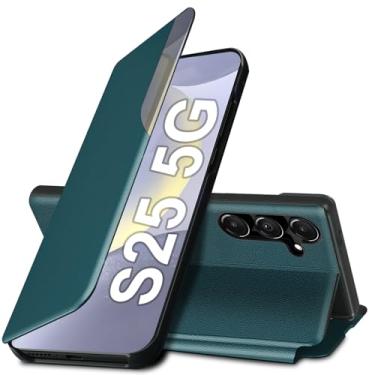 Imagem de Capa flip S25 para Samsung Galaxy S25 5G, capa de couro slim fit transparente para Samsung S25 capa de telefone com suporte, resistente, resistente à prova de choque (6,2 polegadas, 2025) (verde)