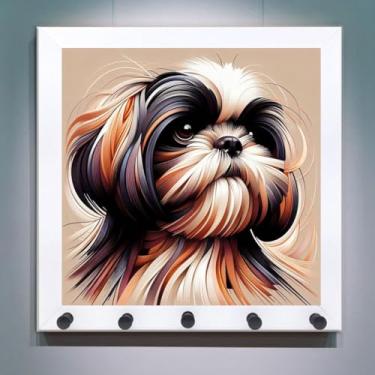 Imagem de Quadro Porta-chaves Decorativo para Parede com Penduradores de coleiras e chaves, com Imagem de cachorro, Estilo obra de arte. Ideais para Amantes de Cães, Decoração de Arte de Cães (Shitzu Abstrato Colorido)