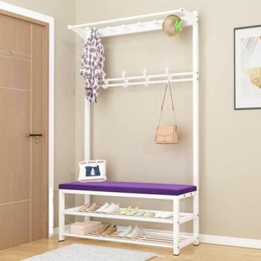 Imagem de Cabideiro, banco de sapato, organizador de armazenamento 3 em 1, árvore de entrada 3 em 1, organizador de suporte industrial com banco de sapatos com prateleira destacável árvore de revestimento fácil