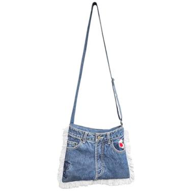 Imagem de Bolsa tiracolo plana trapézio média jeans azul Upcycled com acabamento em franja estilo vintage bolsa jeans com alça ajustável (estilo 10), Azul