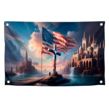 Imagem de Bandeira de Jesus Cristo com estrelas americanas de 9 x 1,5 m com dois ilhós de latão - Estrelas e tiras americanas com faixa transversal para decoração de parede - Bandeira decorativa dos EUA para