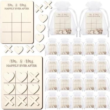 Imagem de Quzzil Conjunto de 24 lembrancinhas de casamento presentes de casamento para convidados Tic Tac Toe minijogos de tabuleiro de madeira 9,54 x 7,5 centímetros Sr. e Sra. Happily Ever After para