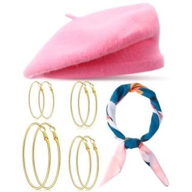 Imagem de Shyyween 6 peças de cachecol de seda com sensação de 70 cm, boina francesa, conjunto de brincos de argola banhados a ouro, conjunto de brincos de cetim com tinta a óleo para presente, rosa, 1 Count
