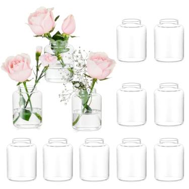 Imagem de Hewory Vasos pequenos para centros de mesa: 12 peças de vaso moderno de vidro transparente para decoração de mesa de casamento - Conjunto de mini vasos redondos curtos para flores