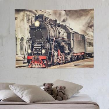 Imagem de Tapeçaria de trem antigo para pendurar na parede vintage motor a vapor industrial antigo ferroviário estrada estação de trem tapeçarias decoração de casa para sala de estar quarto apartamento fazenda