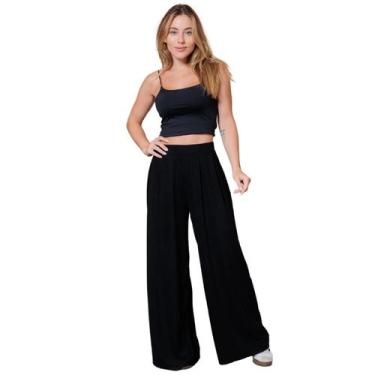 Imagem de Calça Pantalona Feminina Lisa Malha Viscolycra com Pregas - Maranne, P