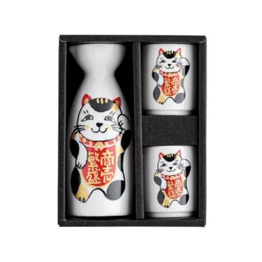 Imagem de Waraku Fuuka Saquê japonês (Maneki Neko Shobai Hanjo, 1 garrafa Tokkuri e 2 copos Ochoko)
