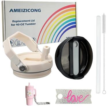 Imagem de 2 peças de substituição de tampa de canudo flip para Stanley copo de 1,134 g, à prova de derramamento e resistente a respingos, acessório Stanley Quencher Cup (creme e preto)