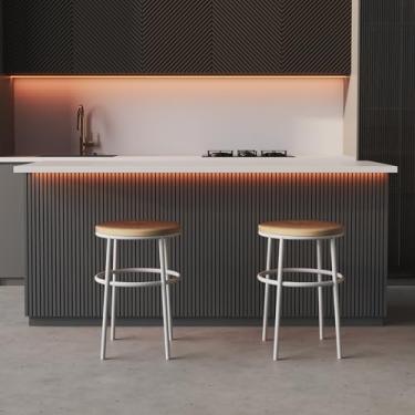 Imagem de Kit 2 Banqueta Itália Redonda Estofada 65cm Aço Branco e Corino Bege Impermeável - Cozinha e Bar