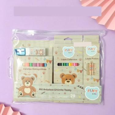 Imagem de Kit Artístico Escolar Ursinho Urso Teddy 29 Itens - Caderno, Lápis de Cor, Lápis de Escrever e Canetinha Presente