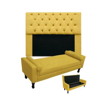 Imagem de Conjunto Cabeceira Mirage Com Recamier Baú Fenix Casal 140 cm Corano Amarelo - dl decor