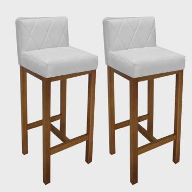 Imagem de Kit 02 Banqueta Alta Com Encosto Loren Cozinha Balcão Bistrô Base Madeira Rústico Corino Branco - Ahazzo Móveis