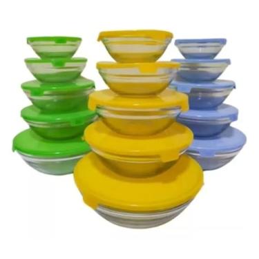 Imagem de Kit Com 5 conjunto Pirex Tigela Pote De Vidro Redondo Com Tampa Plástica armazenamento alimento micro ondas geladeira. (Amarelo)
