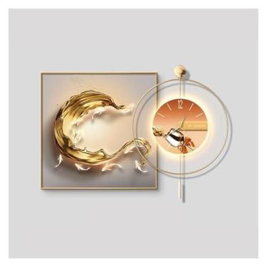 Imagem de Pintura decorativa com relógio Arte de parede de peixe abstrato geométrico com luzes LED, pintura decorativa moderna para sala de jantar, arte de parede suspensa para sala de estar, decoração para cas
